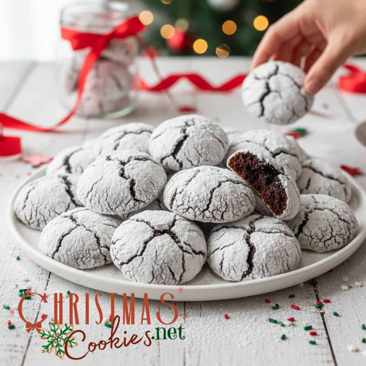 White plate piled high with Chocolate Crinkle Cookies