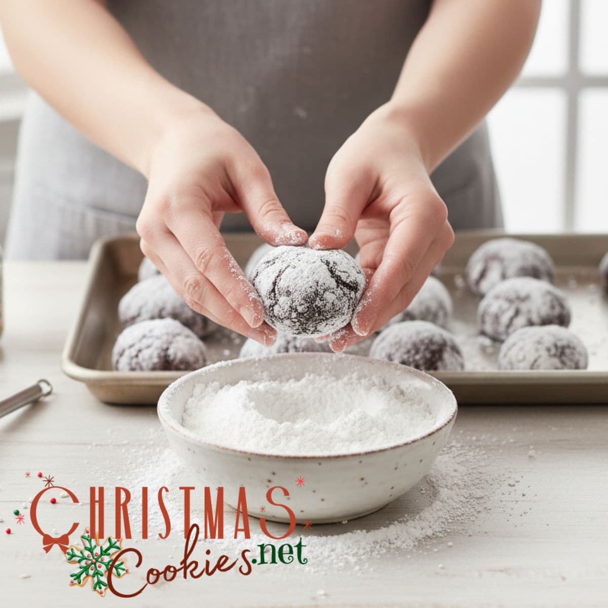 Square image showing coating crinkle cookies in powdered sugar.
